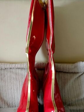Women's Red Patent Knee-High Boots with Gold Trim